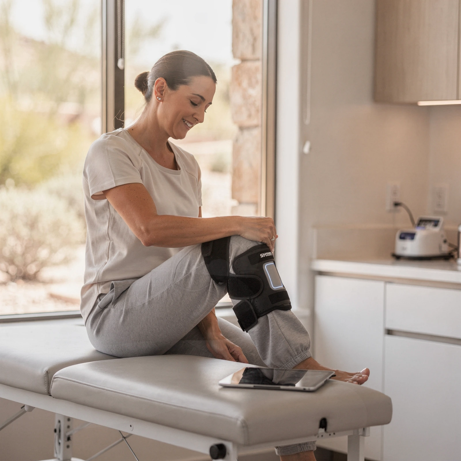 Woman applying a black orthopedic knee brace to her leg while seated on an examination table
